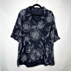 Luca Vanucci 100% Linen V-Neck Floral Print Top Minimalist Blue Size Medium